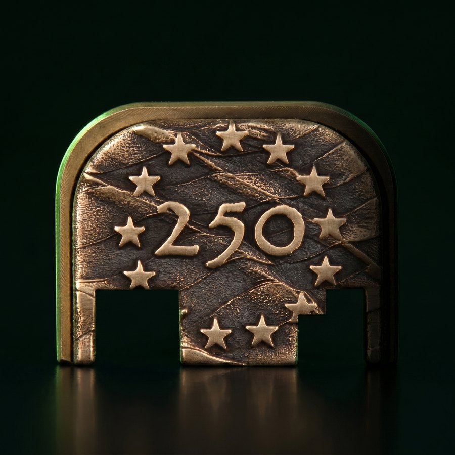Solid brass plate 3D laser-engraved with 250 and stars marking America's 250th anniversary