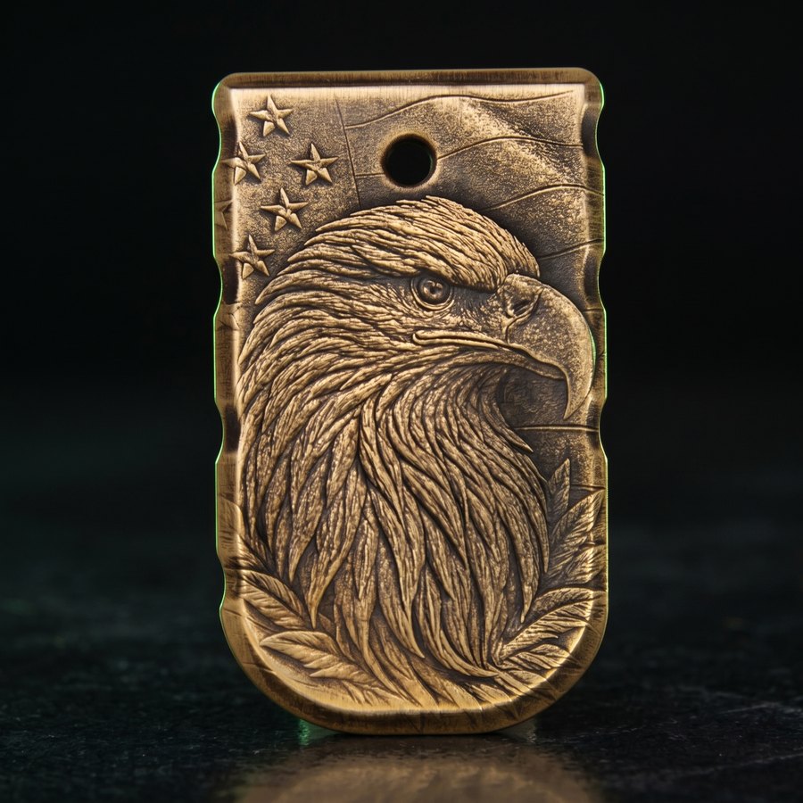 Heavyweight brass magazine base plate 3D laser-engraved with an American eagle and waving flag