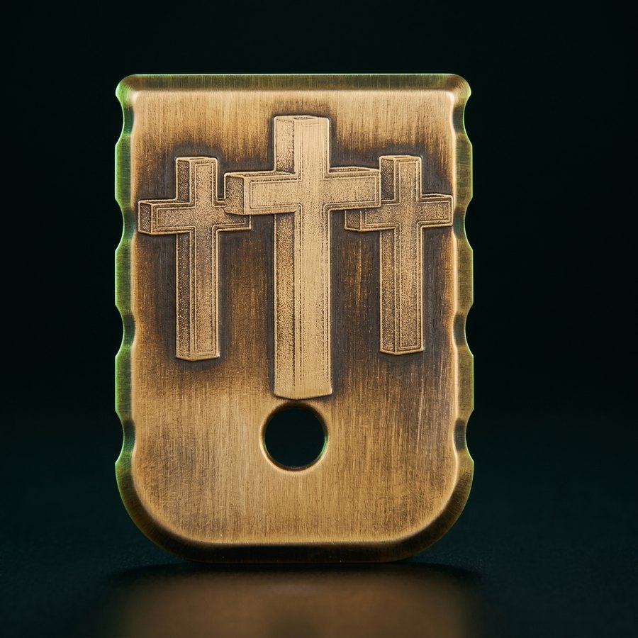 Heavyweight brass magazine base plate 3D laser-engraved with three Calvary crosses