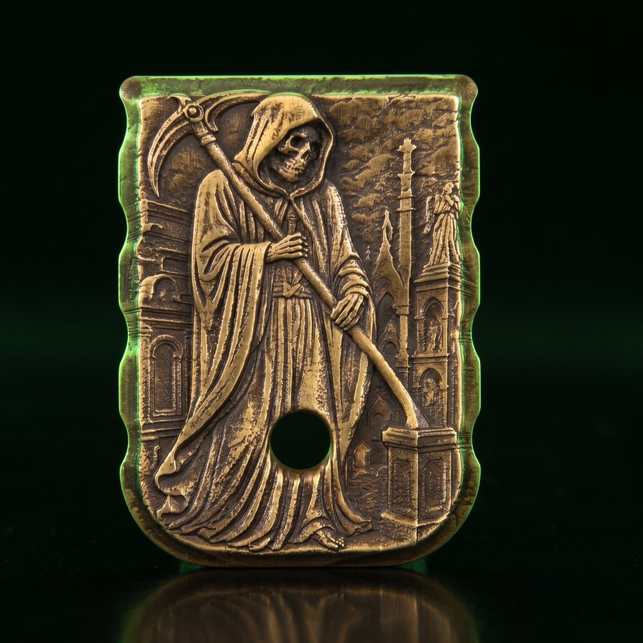 Heavyweight brass magazine base plate 3D laser-engraved with a Grim Reaper in a cemetery