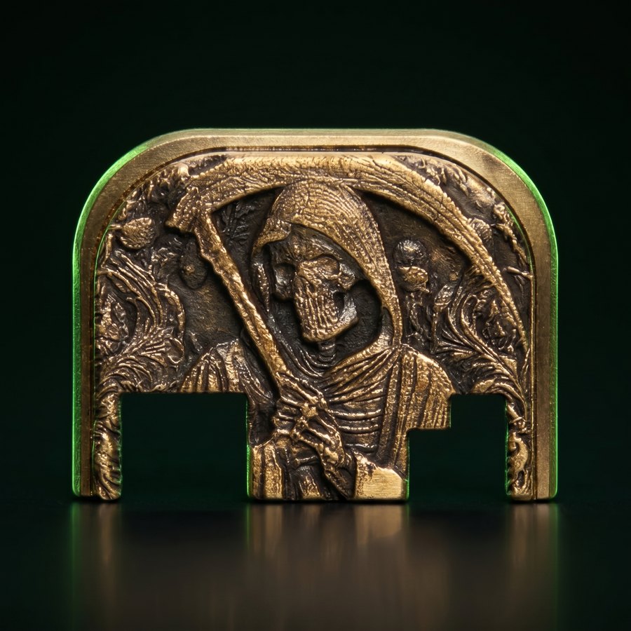 Solid brass plate 3D laser-engraved with a cloaked Grim Reaper holding a scythe