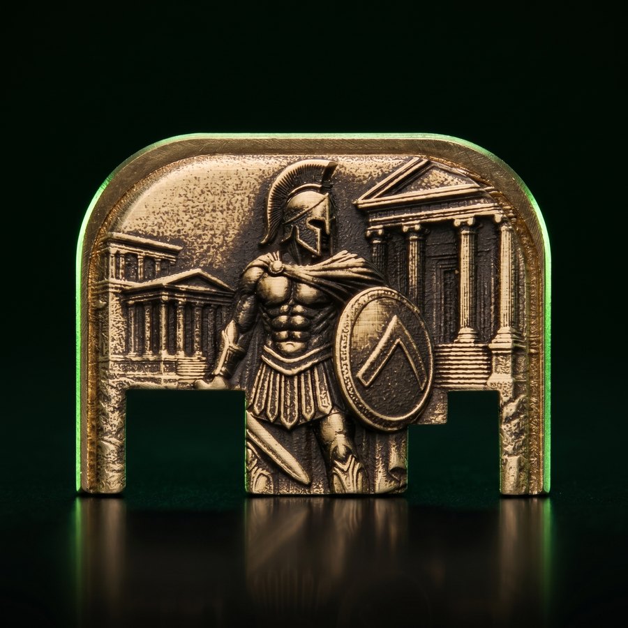 Solid brass plate 3D laser-engraved with a Spartan warrior